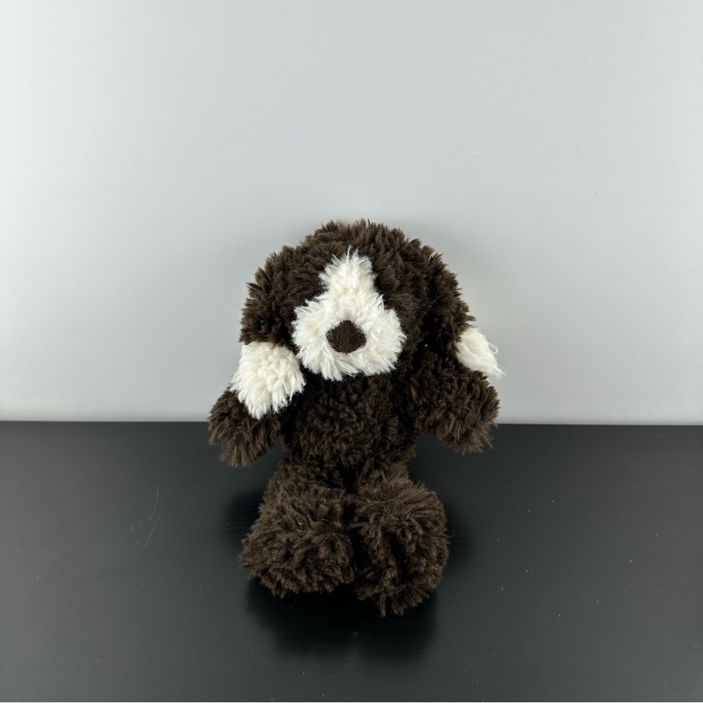 Pottery Barn Kids Furry Dark Brown White Puppy Dog Plush Stuffed Animal Toy 10”